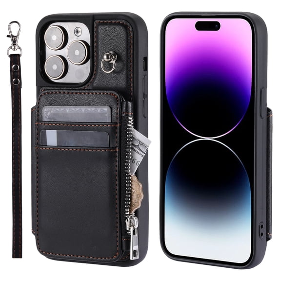 ELEHOLD for iPhone 14 Pro Max PU Leather Wallet Case,RFID Blocking Card Slots Magnetic Closure Detachable Wrist Strap Lanyard Wallet Crossbody Strap Case for iPhone 14 Pro Max,Black