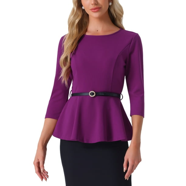 INSPIRAR CHIC Blusas Peplum para Mujeres de Manga 3/4 con Cinturón Elegante para Trabajo L Púrpura