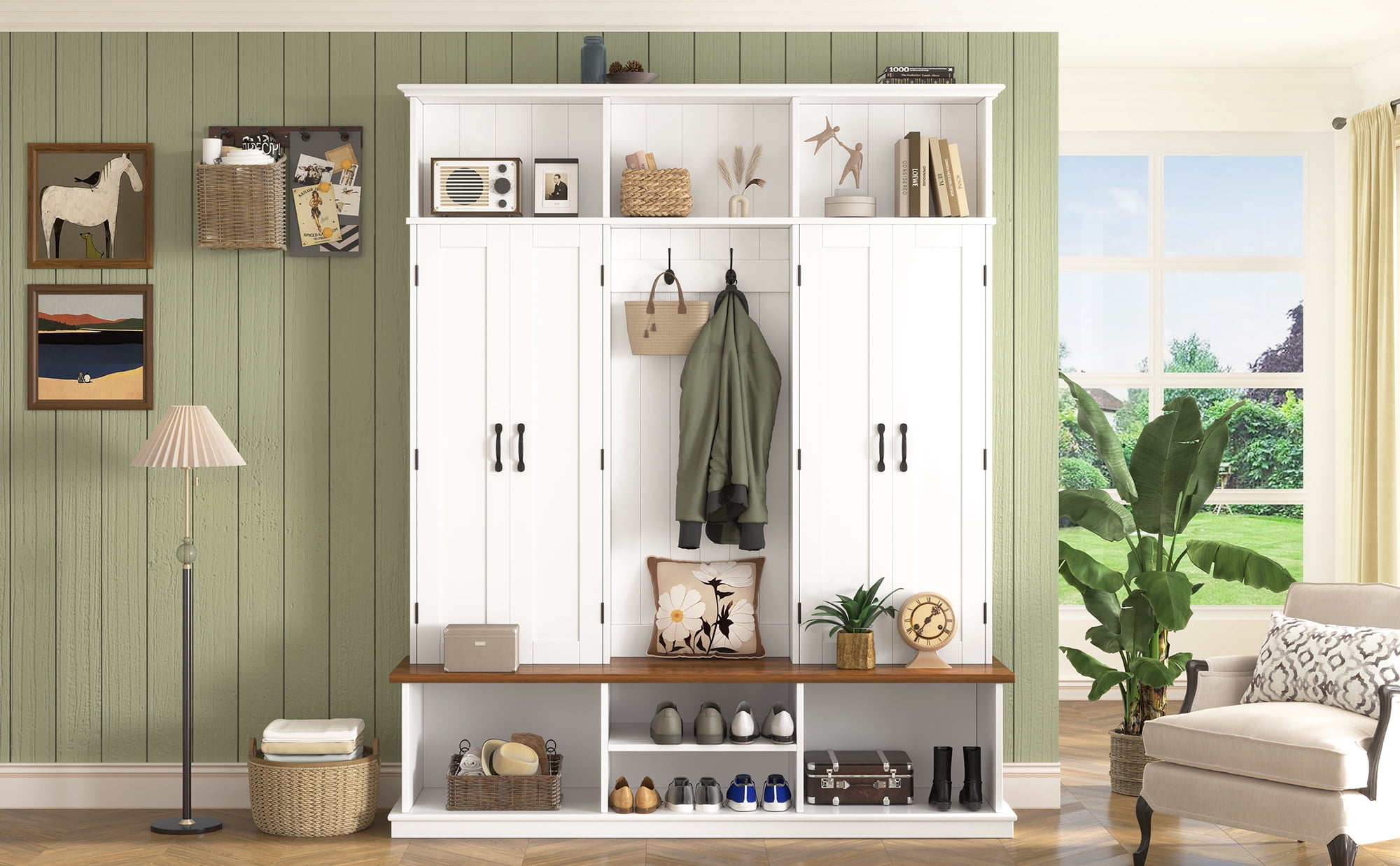 Mintazer 62.2"W Entryway Hall Tree with Coat Rack, Storage Bench & 3 Top Cubbies, Freestanding Shoe Cabinets for Hallway, Mudroom, Bedroom, White