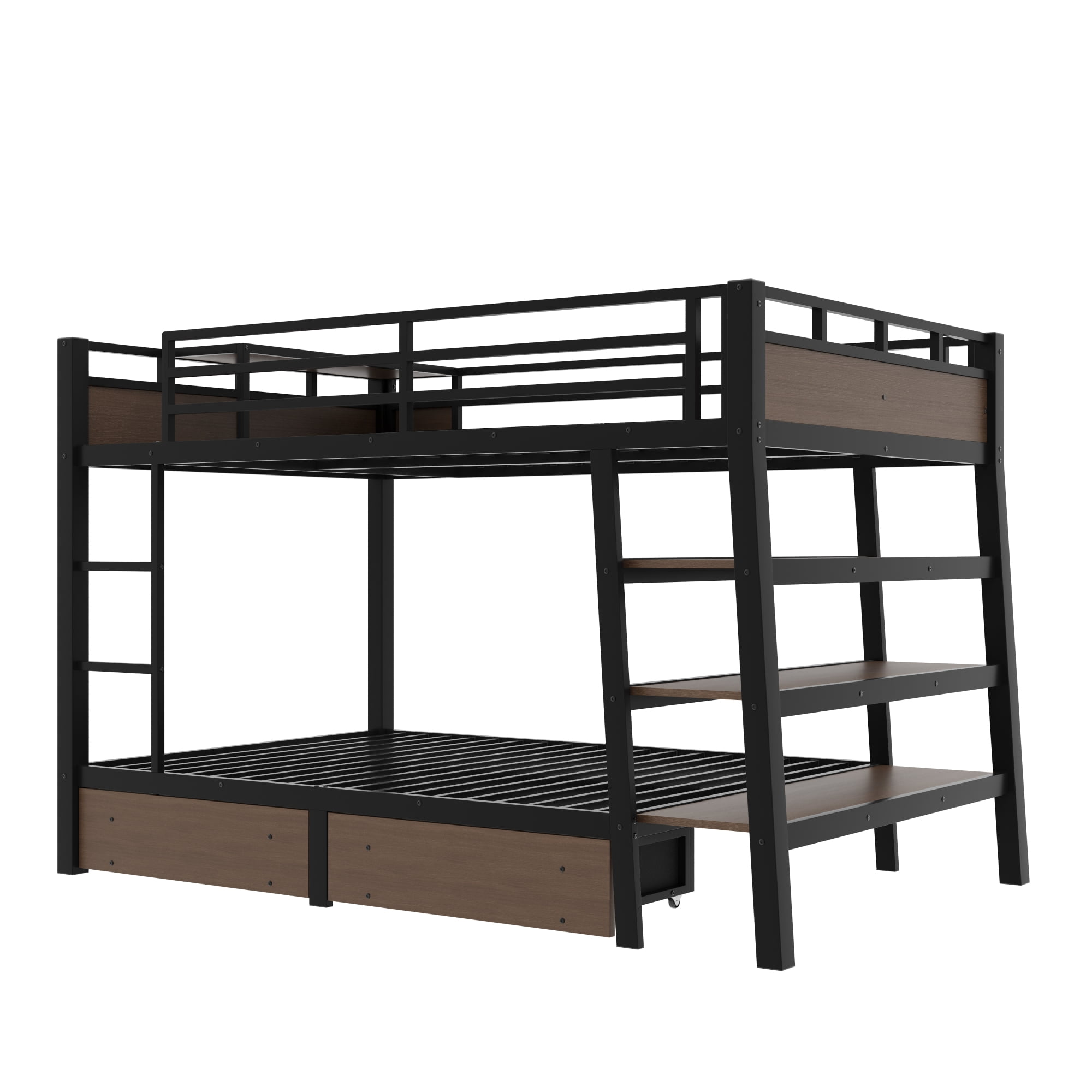 Leumius Full Size Metal Bunk Bed with 2 Storage Drawer,Heavy Duty Metal Bed Frame with Storage Shelves , LED light Strip and USB Power Strip,Black
