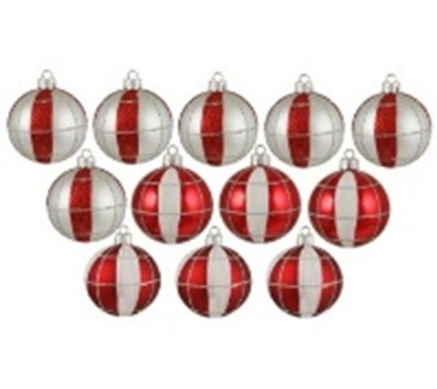 12ct Peppermint Twist Shatterproof Silver White & Red Striped and Checkered Christmas Ornaments