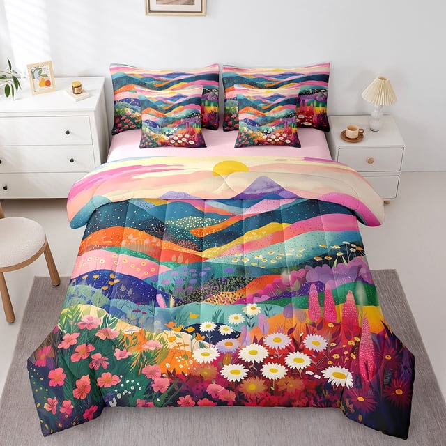 Erosebridal Ensemble de Literie Groovy à Marguerites Format Grand, Ensemble de Lit Botanique Rustique, Décor Floral, Réversible 7 Pcs