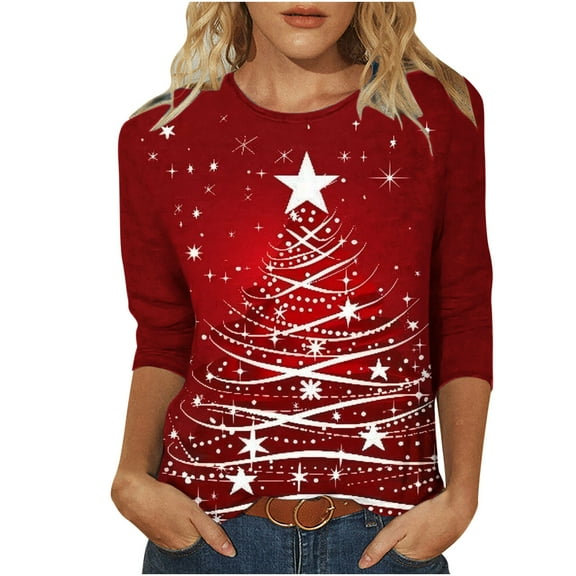 GA WEIHUA Reduced,Christmas Shirts For Women Trendy Casual Sparkly Xmas Tree Tee Tops Festival Party T Shirts 3/4 Sleeve Tunic Top women blouse(Red,Large)