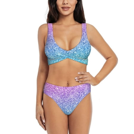 Zeuib Multicolor Glitter High Waisted Tummy Control Bikini Set - Knot Front Push Up Top & Cheeky Thong Bottom  Two-Piece Swimsuit for Women-Medium