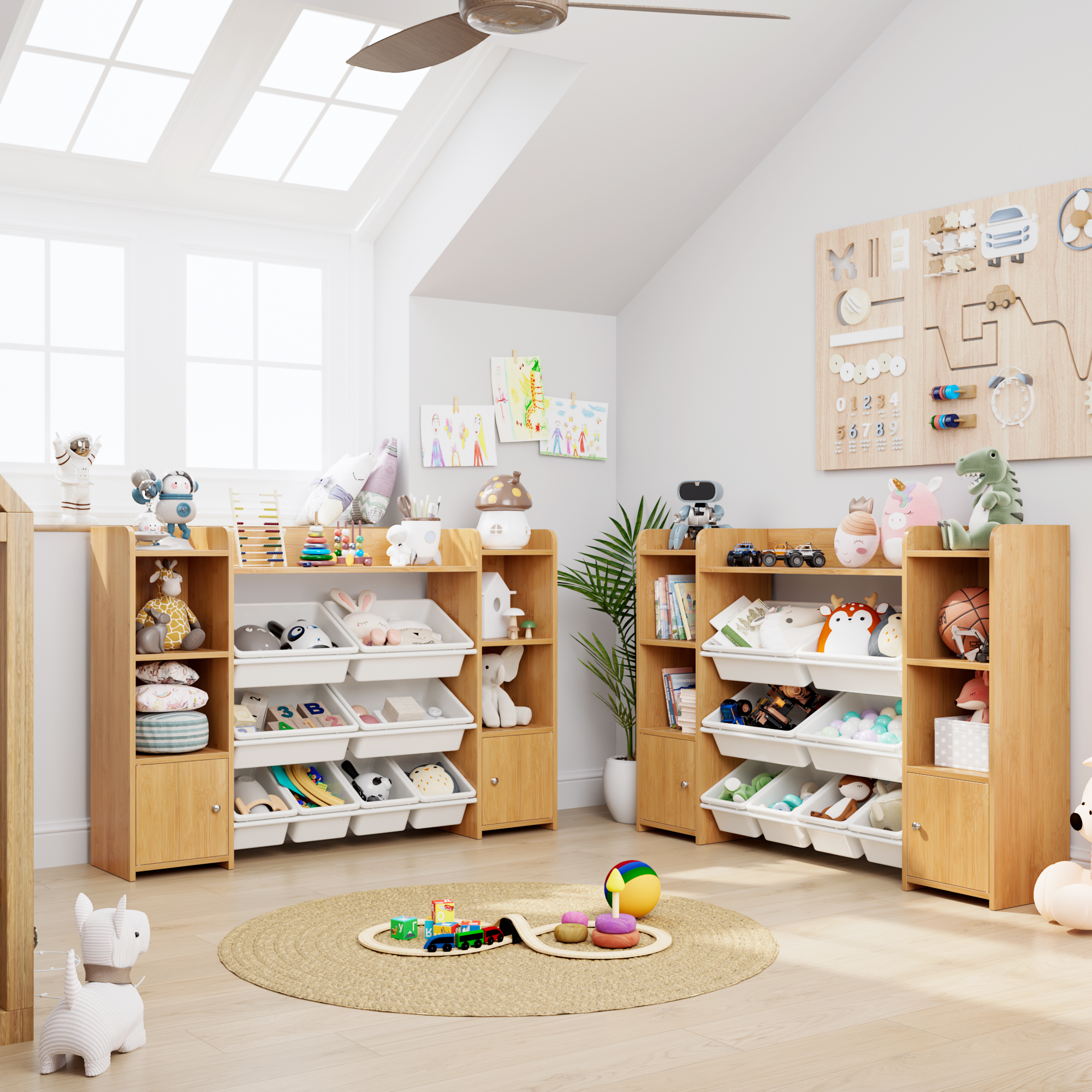 Homfa Kids Toy Organization Cubby Bookcase with 8 Bin, 2 Door Storage Organizer Bookshelf for Children Room Playroom, Natural