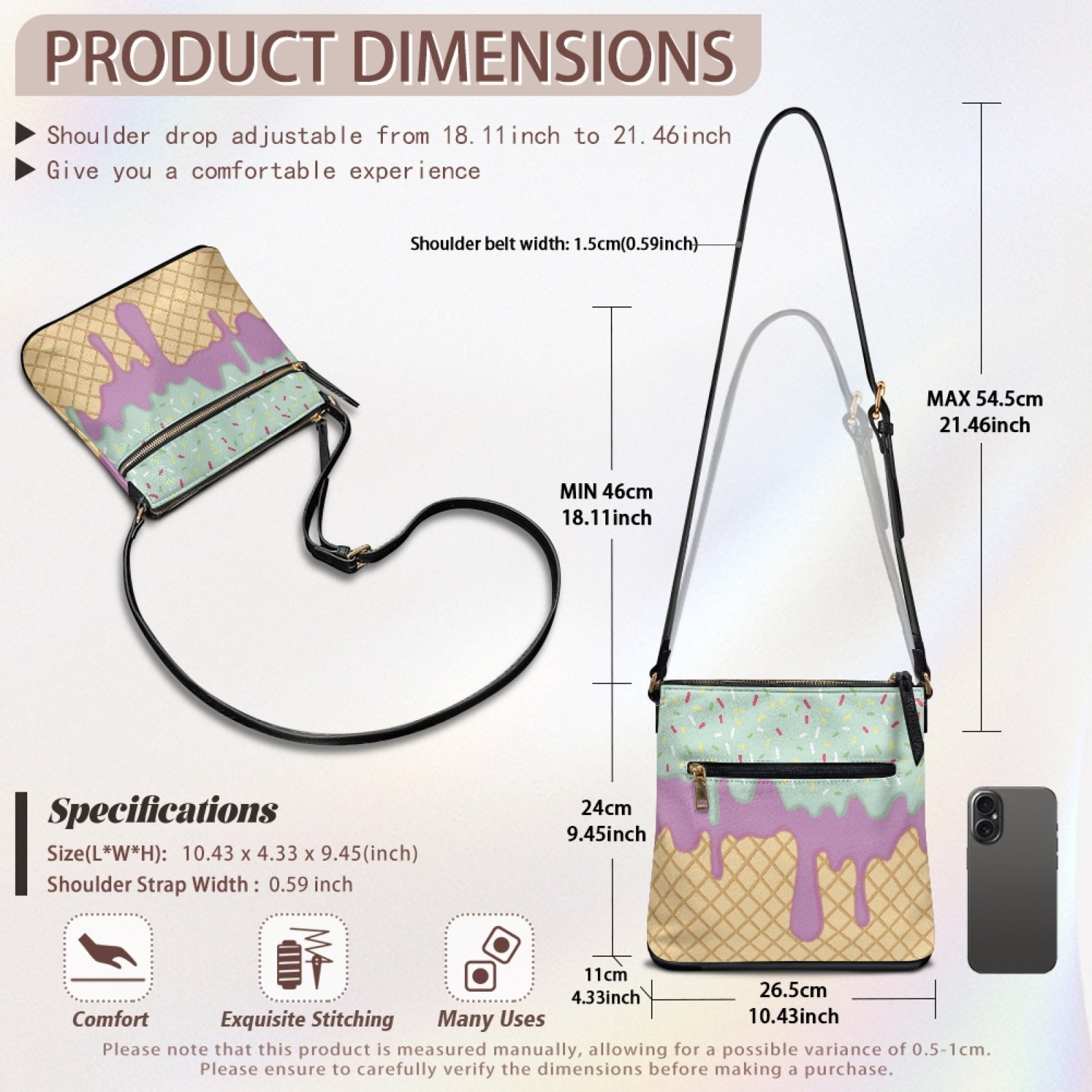 LedBack Biscuit Print Women Leather Crossbody Satchel Bag with Zipper Pockets, Portable Hobo Purse with Adjustable Strap, Cross Body Purse Handbag for Ladies, Beige