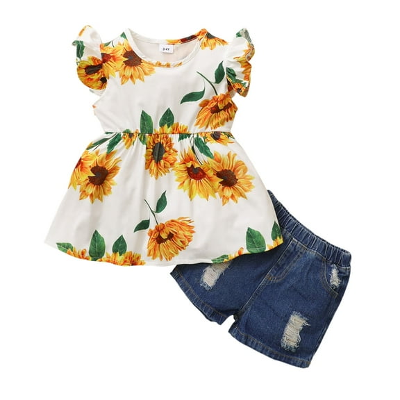 KIMI BEAR Toddler Baby Girls Dresses Outfits 4T Toddler Girls Summer Clothes 5T Girls Sunflower Fly Sleeve T-shirt Denim Shorts 2PCs Set, Yellow