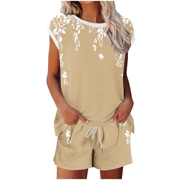 Conjunto de Pantalones de Cuello Redondo Y Cordón de Manga Corta Impresa para Mujeres Conjunto de Poliéster, Desgaste Casual sin Posicionamiento para Mujeres