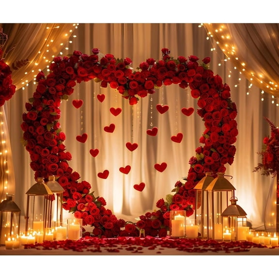 Valentine's Day Room Interior Backdrop Romantic Love Heart Rose Flowers Garland Photography Background for Valentines Bridal Shower Birthday Party Cake Table Banner Photo Booth Props
