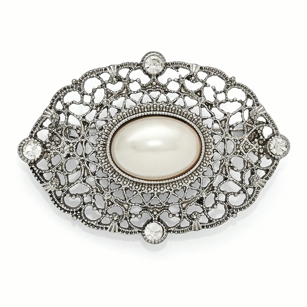 Roy Rose Jewelry 1928 Collection Silver-tone Downton Abbey Clear Glass & Simulated Pearl Oval Pin by