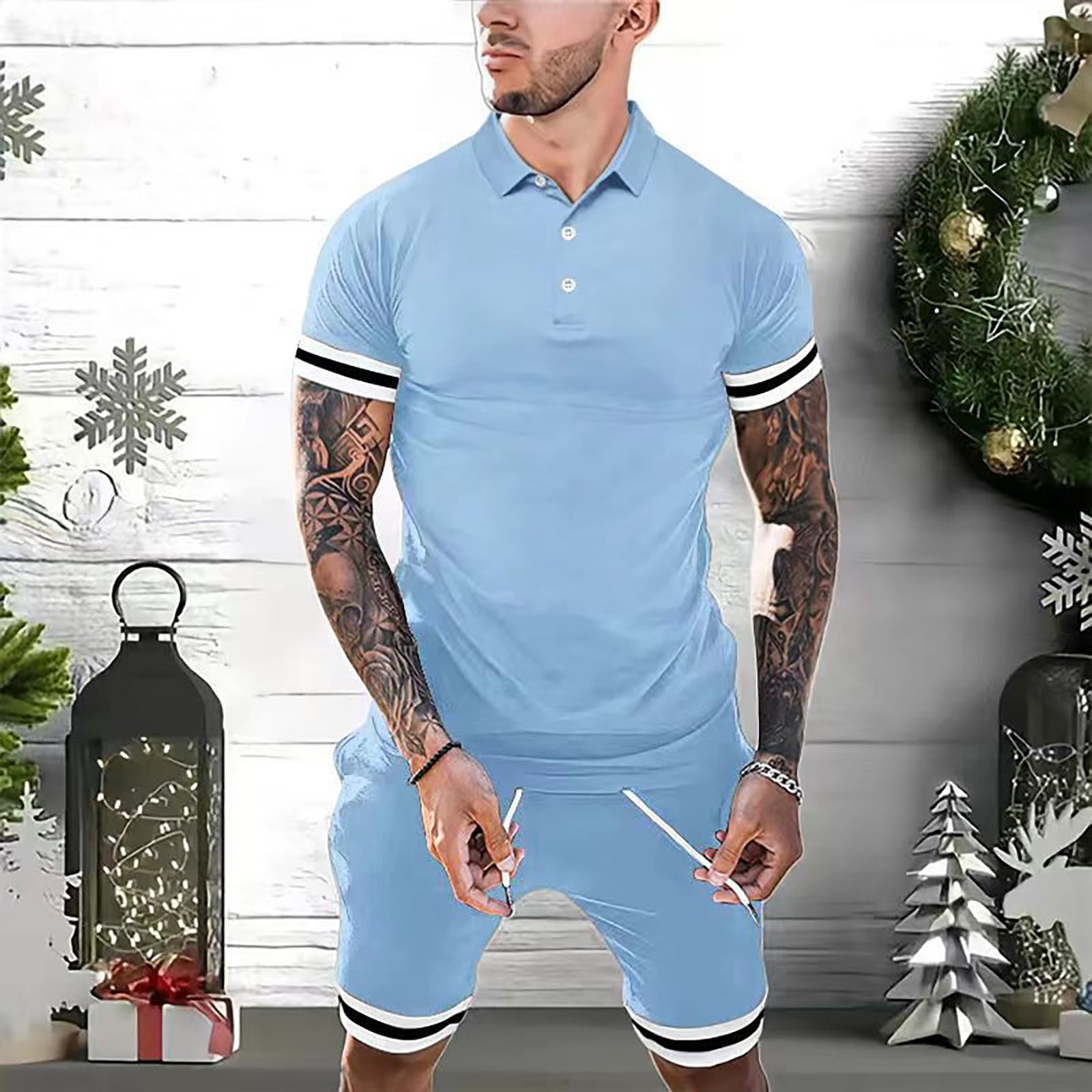 Vedolay Shorts Sets Men Two Piece Outfits Mens 2 Piece Summer Outfits Casual Shirts Short Sleeve Tracksuit Stylish Polo Set,Light Blue L, Men's, Size