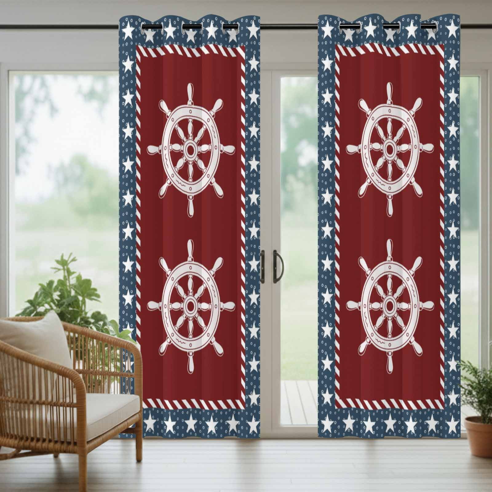 Independence Day Outdoor Curtains for Patio, U.S. Flag Ocean Coastal Rudder Pentagon Star Navy Blue Sunshade Privacy Drapes Grommet Waterproof Outside Curtains for Porch Balcony 54"x108", 1 Panel