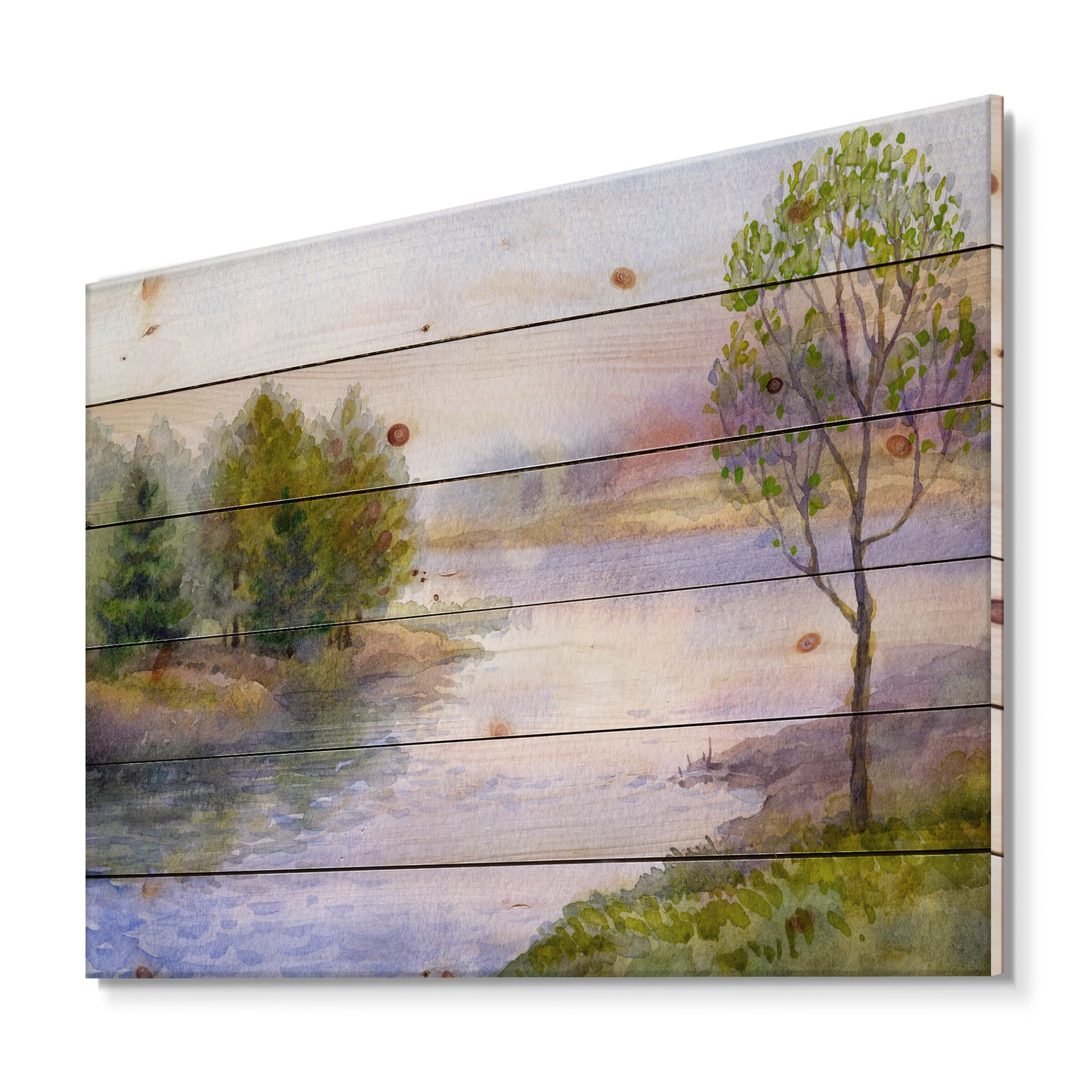 Designart 'Trees On The Bank Of River' Lake House Print on Natural Pine Wood