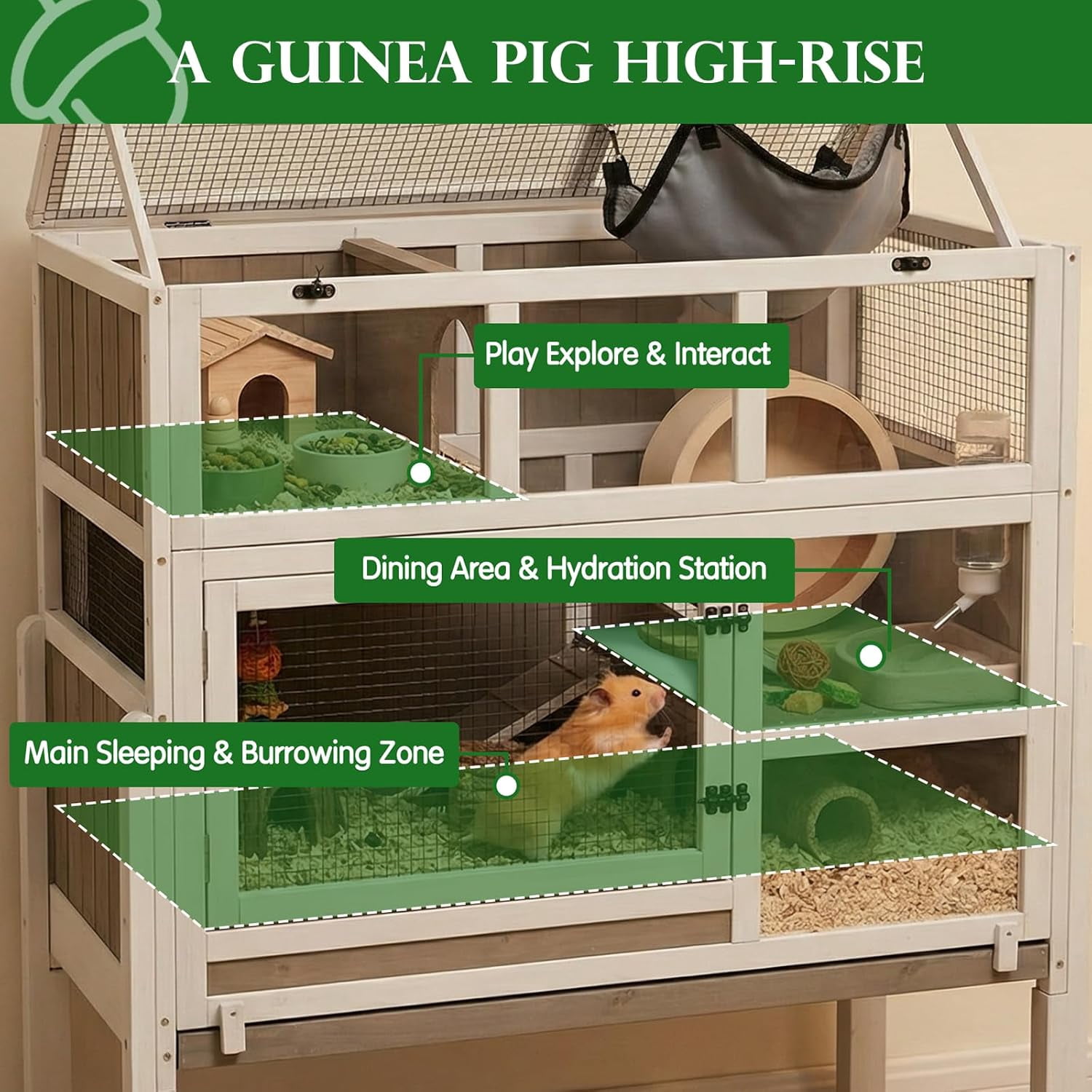 3-Tier Wooden Hamster Cage with Stand, Large Guinea Pig Cage & Rabbit Hutch Habitat, Deep Pull-Out Tray, Indoor Animal House, Grey