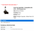 thumbnail image 2 of Front Fog Light Bulb - Compatible with 2016 - 2018 Honda Civic 2017, 2 of 2
