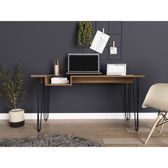 Modern Rectangular Desk with Glass Top and One Shelf / Appropriate for Office Tasks