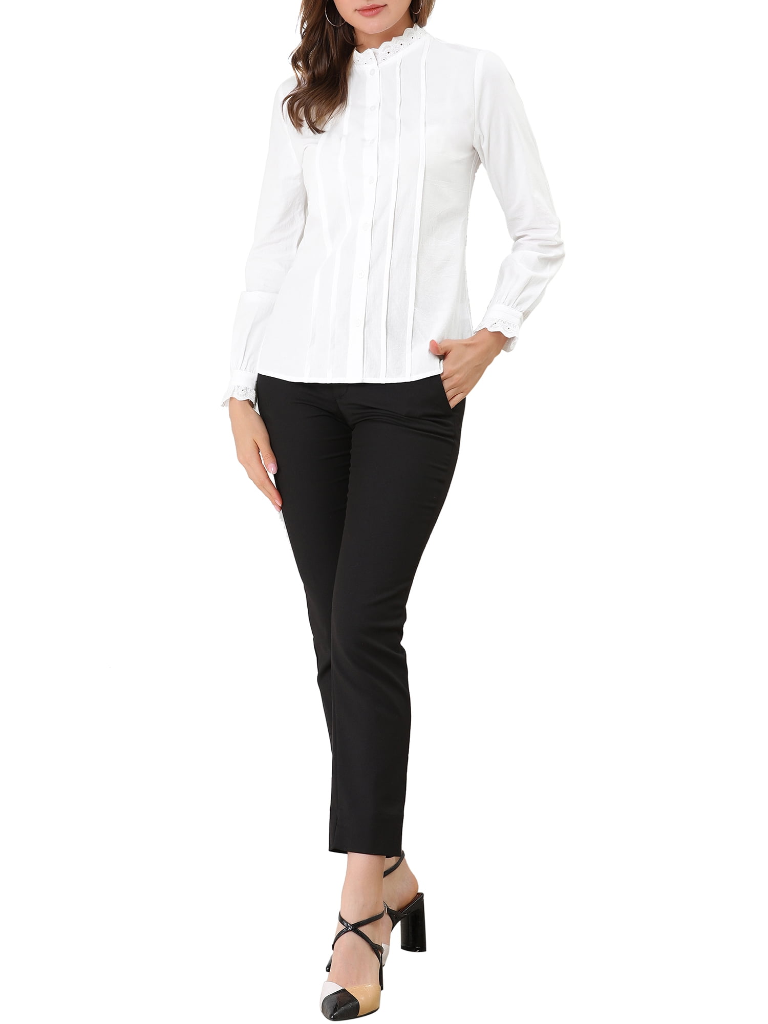 DARING DIVA Women's Ruffled Lace Button Up Long Sleeve Shirt S White
