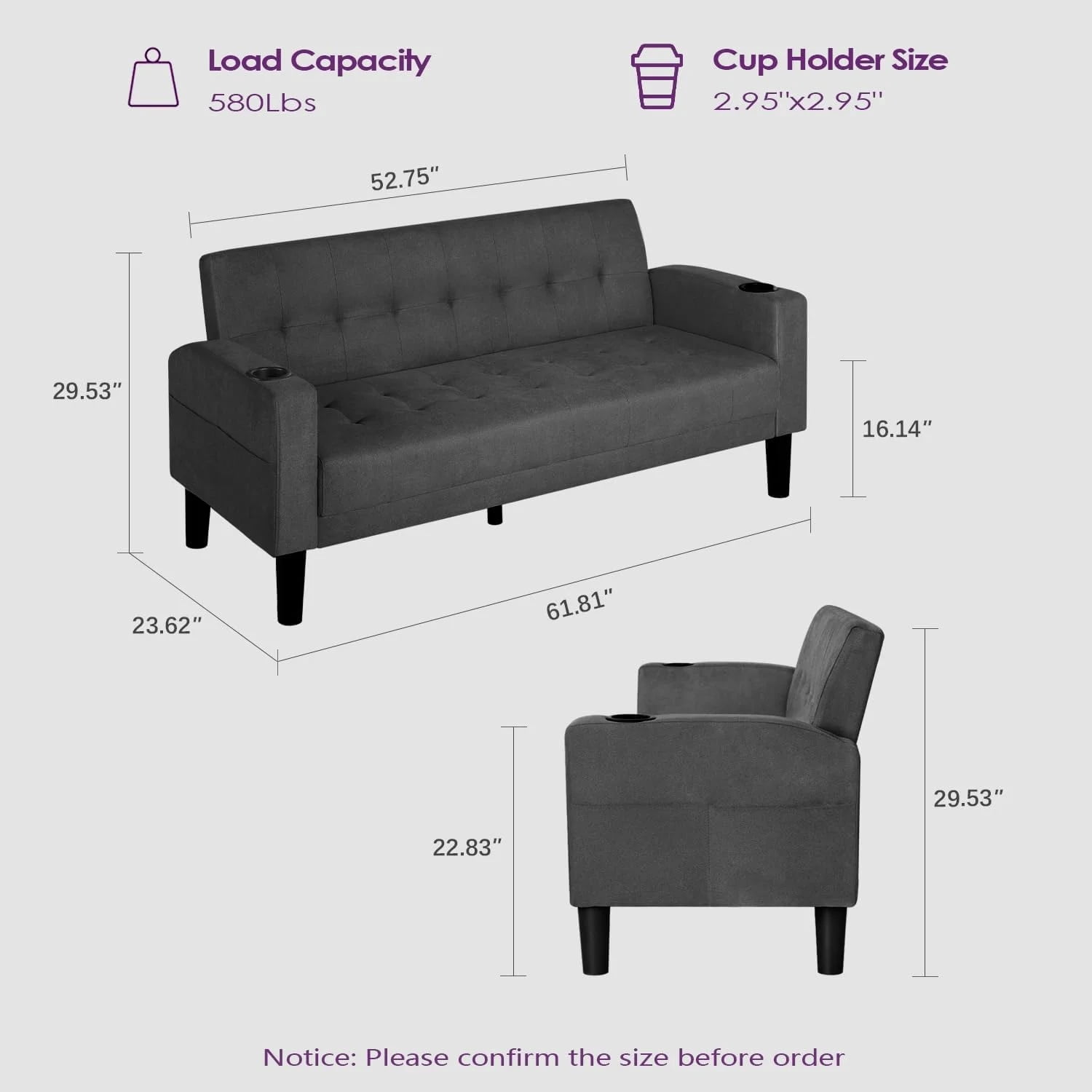 Coewske 62''W Fabric Tufted Sofa Couch Tufted Loveseat w/ 2 USB Charger Ports & Cup Holders, Dark Gray