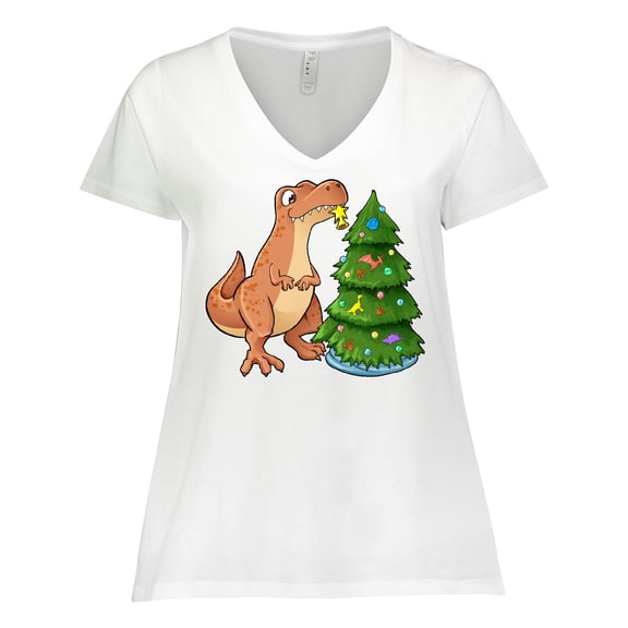 Inktastic Tyrannosaurus Rex Decorating Christmas Tree Women's Plus Size V-Neck T-Shirt