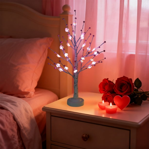 Lunxisen 2 Pcs Valentines Day Decoration Tree Light with Heart Ornaments,Battery Operated Valentines Day Decor Lighted Tree, for Home Table Bedroom
