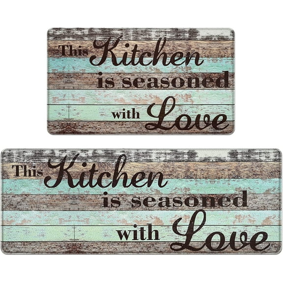 Farmhouse Kitchen Mats Sets 2 Piece Memory Foam Kitchen Rug Waterproof,Rustic Wooden Kitchen Rugs and Mats for Home & Office,Non Slip Cushioned Anti-Fatigue Comfort Mat,17"x 47" 17"x 30"