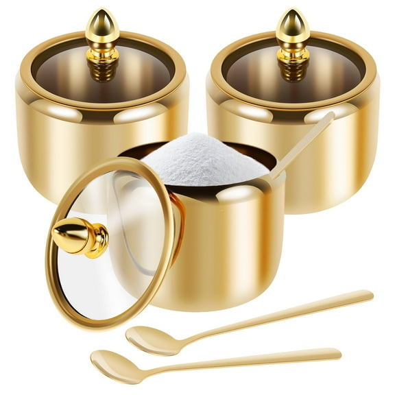 Jokapy Sugar Bowl with Lid and Spoon, 10oz Stainless Steel Kitchen Canisters, Gold, Set of 3