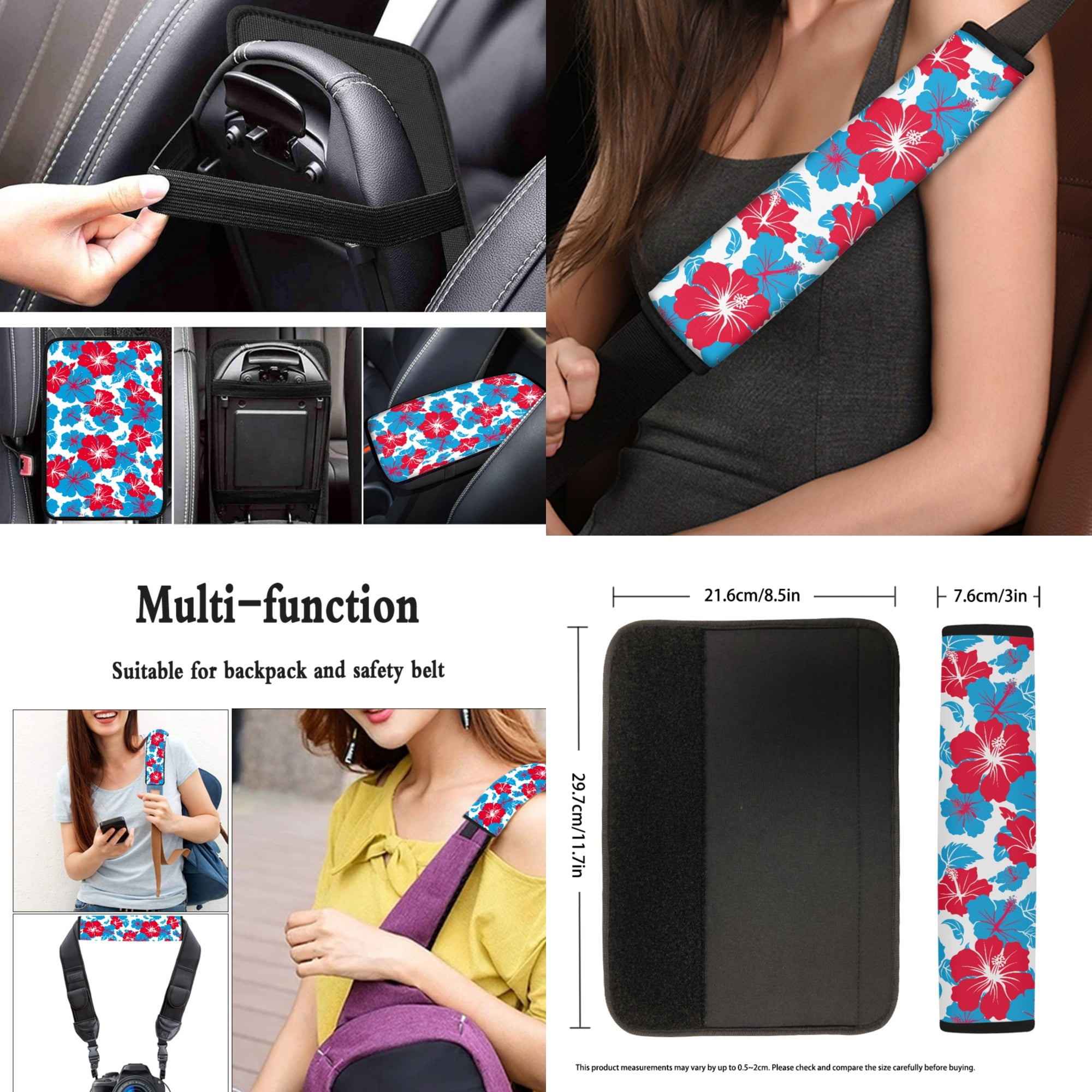 Jeiento Hibiscus Flowers Auto Seat Cover Full Set 13 PCS Car Accessories Set with Steering Wheel Cover Armrest Cover Seatbelt Shoulder Pad Cup Mat Key Ring Easy Install