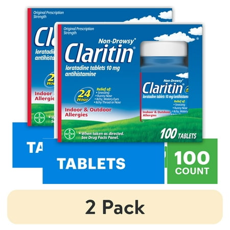 (2 pack) Claritin Allergy Relief 24 Hour Non-Drowsy Loratadine Antihistamine Allergy Medicine Tablets, 100 Count