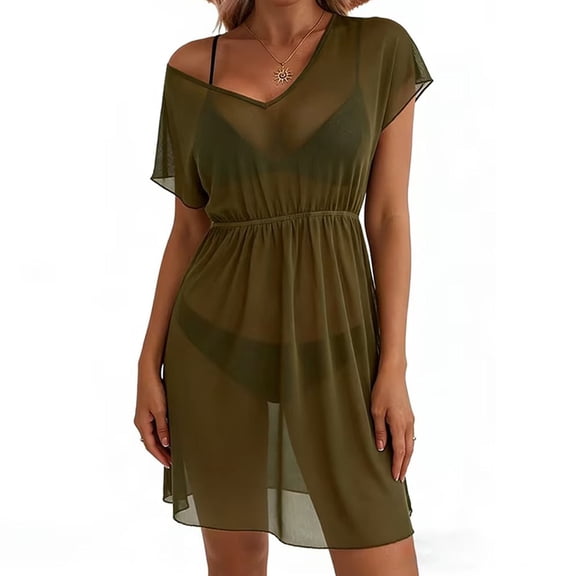 Bathing Suit Cover Up for Women Sevevn Women's Sheer Mesh Cover Up Dress One Shoulder V Neck Swimwear Cover Up for Beach Army Green S