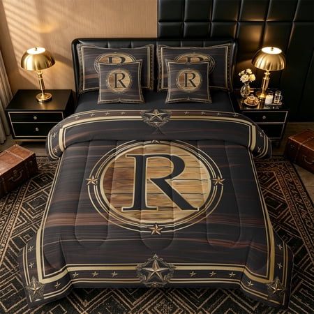 Castle Fairy Western Wood Letter R Twin Bedding Sets 7-Piece for Adults Vintage Texas Star Bedding Comforter Set for Home Decor Black Reversible