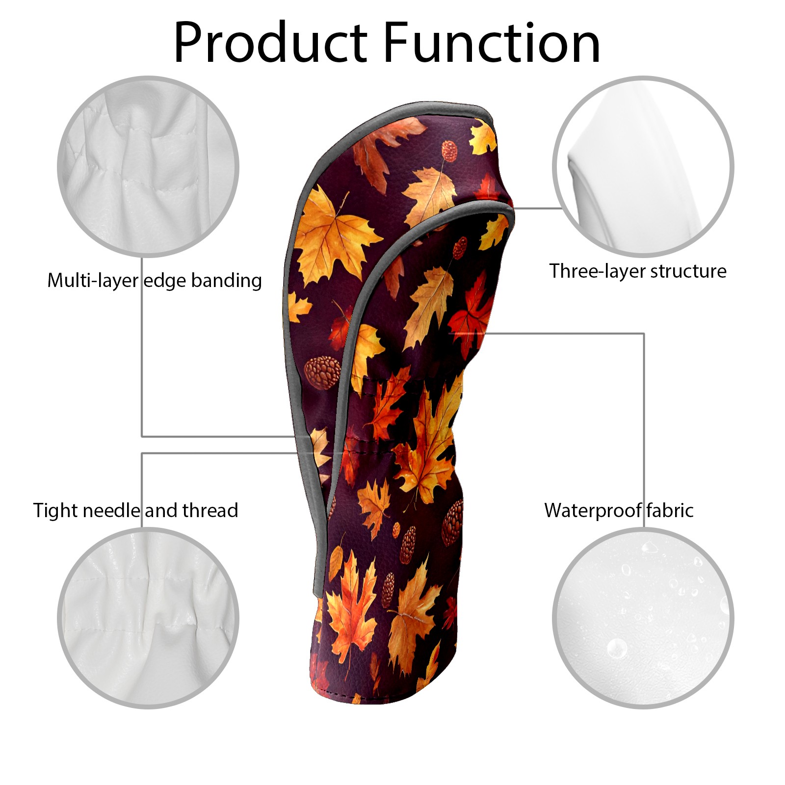 Golf Club Covers, Dark Red Autumn Leaves Premium PU Leather Driver Hybrid Putter Head Covers with Velvet Lining, Waterproof Golf Gifts for Men Women