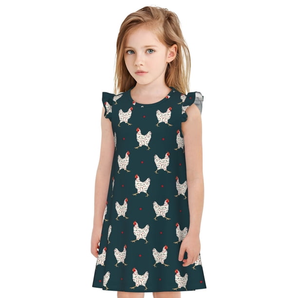 Fotbe Funny Chicken Vestido de Dormir para Niñas de 3 a 10 Años, Mangas Cortas, Estilo Princesa, Pijama Camisón con Mangas Voladas-Large