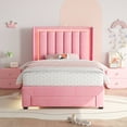 thumbnail image 3 of UHOMEPRO Pink Twin Upholstered Bed Frame with LED Lights & Motion Sensor Light, Wooden Storage Drawer, Charging Station, Soft Fabric Platform Bed with Headboard, Quiet & Sturdy No Noise Design, 3 of 11