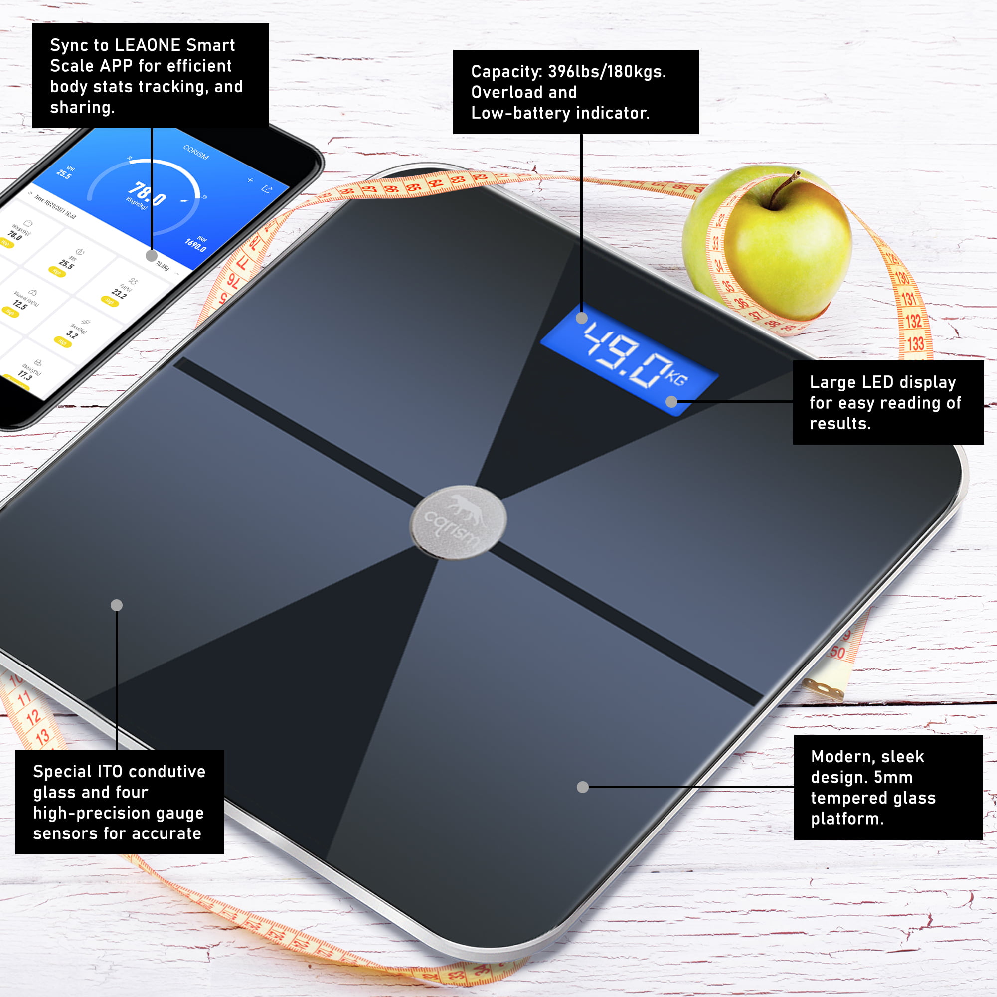 DEIK Smart Digital Body Fat Scale, Black Bluetooth Bathroom Scale, with iOS  and Android APP, 180kg/400lb High Precision Measurement, Detects 13 Data