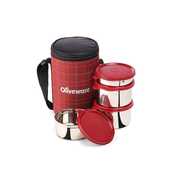 Boîte à Lunch Mega avec Sac en Tissu - Rouge / 4 Contenants en Acier Inoxydable avec Couvercles Hermétiques, 300 ml, 450 ml et 2 X600 ml - Sans BPA, Va au Micro-Ondes, Étanche