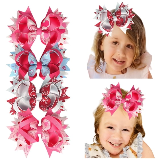 4PCS 5inch  Valentine's Day Bow Hair Clips for Girls - Heart Pattern Hair Bows Hair Accessories for Kids Toddlers