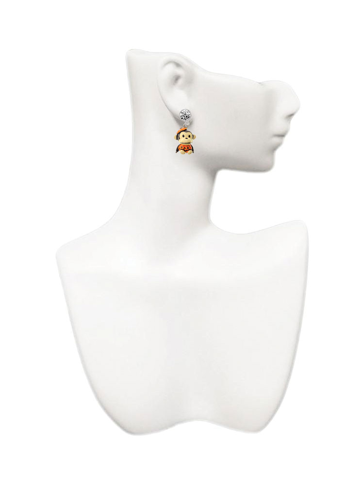 Resin Monkey in Pumpkin Costume Clear Crystal Clip On Earrings