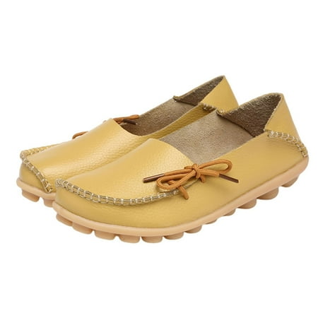 

Zizocwa Women S Driving Loafers Leather Comfortable Breathable Slip On Casual Shoes Non Slip Bowknot Loafer Flat Walking Soft Shoes Yellow Size7.5