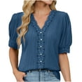 thumbnail image 2 of Women Tops under $5! Cagogo Womens Dressy Casual Boho Blouse Short Puff Sleeve V Neck Lace Trim Tops Summer Trendy Cute Ladies Business Work Shirt Blusas Casuales de Mujer Bonitas, 2 of 9