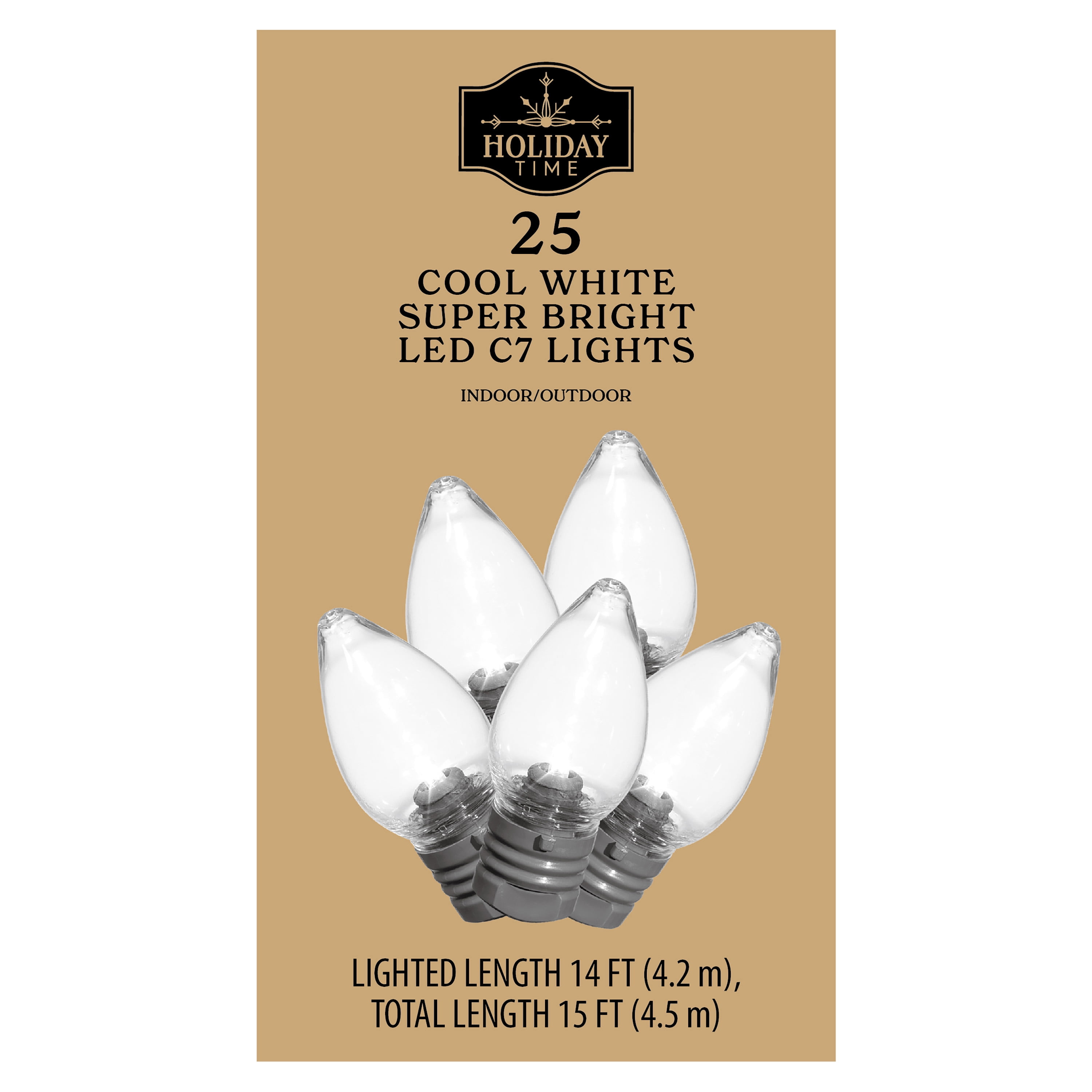Indoor/Outdoor 25-Count Super Bright LED C7 Christmas String Lights, Cool White, 14', by Holiday Time
