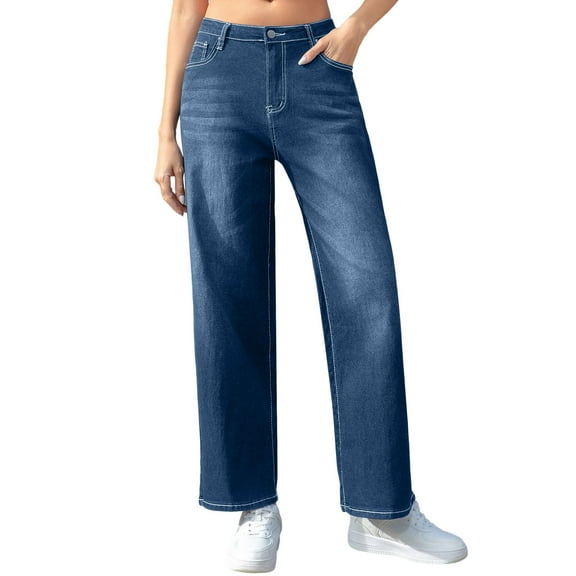 Lenpel Jeans for Women Zipper Button Elastic High Waisted Wide Leg Denim Pants Baggy Casual Trousers with Pockets(Dark Blue,X-Large)