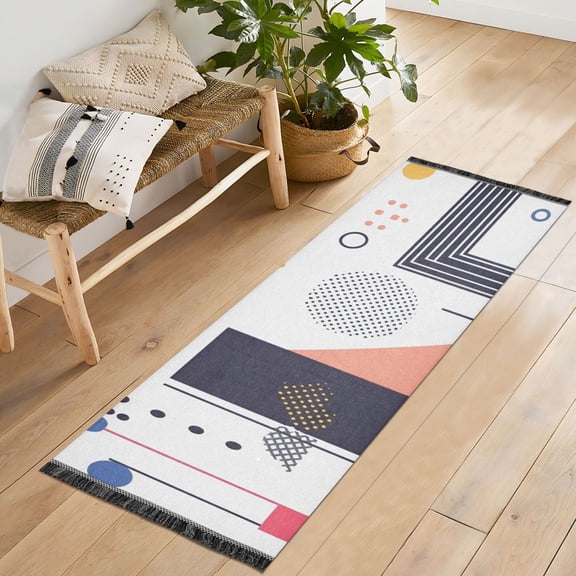 Yayeee Runner Rug for Bedroom 2'x6' Machine Washable Hallway Non Slip Mat, White Simple Shapes