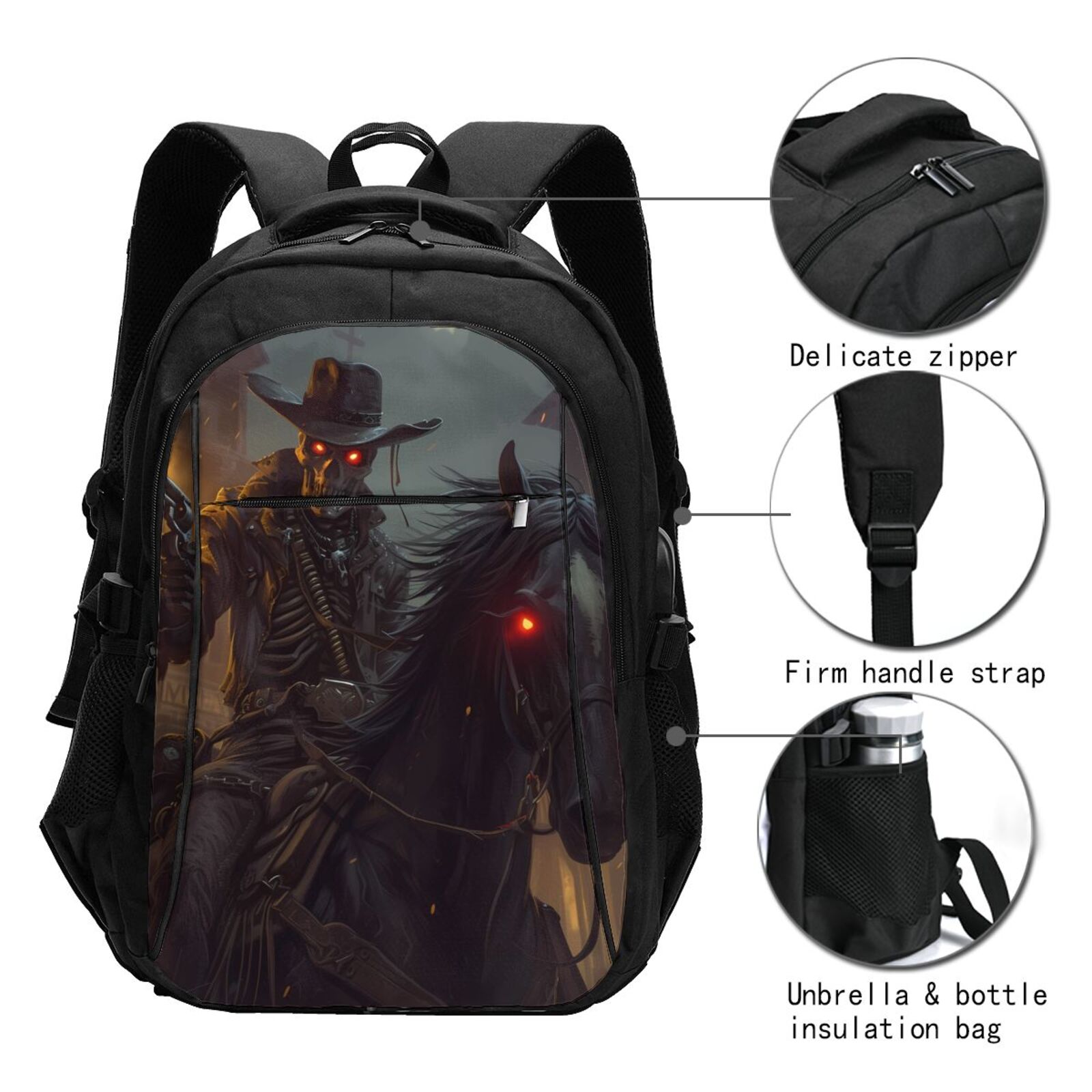 Vsdgher Cool Skull Western Cowboy Print Travel Laptop Backpack, Laptops Backpack with USB Charging Port, Water Resistant Computer Bag Gift for Men & Women