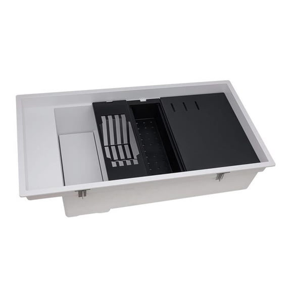 Ruvati RVG1650WH 18 x 34 in. Granite Composite Workstation Kitchen Sink Epi Stage Dual Mount Single Bowl, White