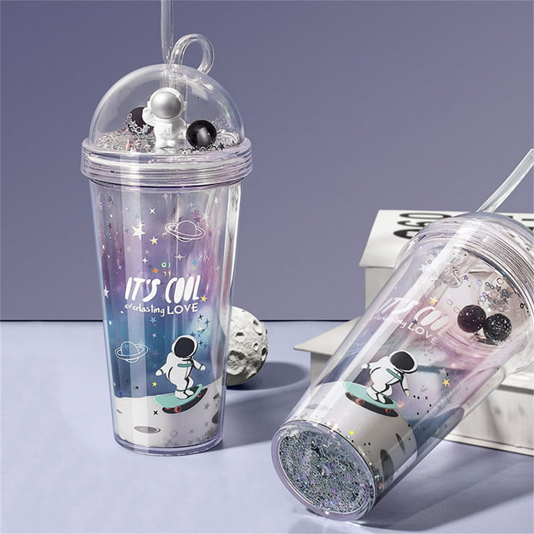 Visland Drinking Cup, Cool Astronaut Design Glitter Double Walled Cup with Lid and Straw - Reusable BPA Free Drinking Tumbler Cup for Summer Party and