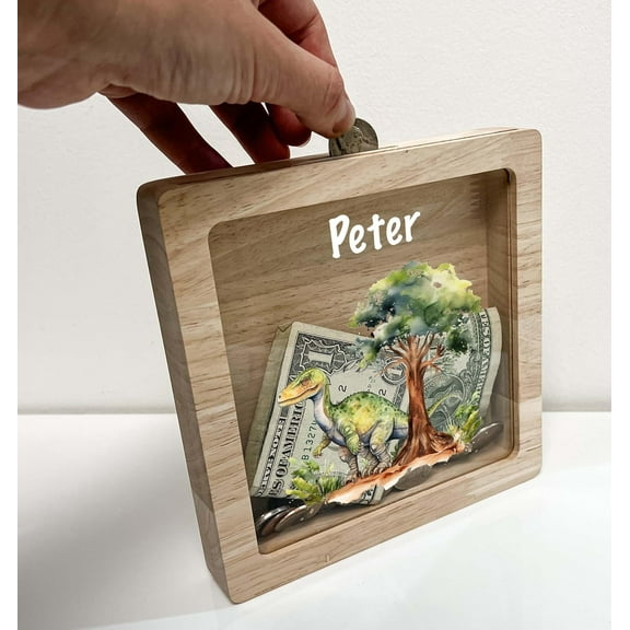 Personalized Money Box Name Savings Piggy Bank Coin Bank Dinosaur Design Shadow Box Keepsake Wooden Coin Bank for Girls, Kids, Nursery Room Decor Gift - Teach Savings in Style! Made in America