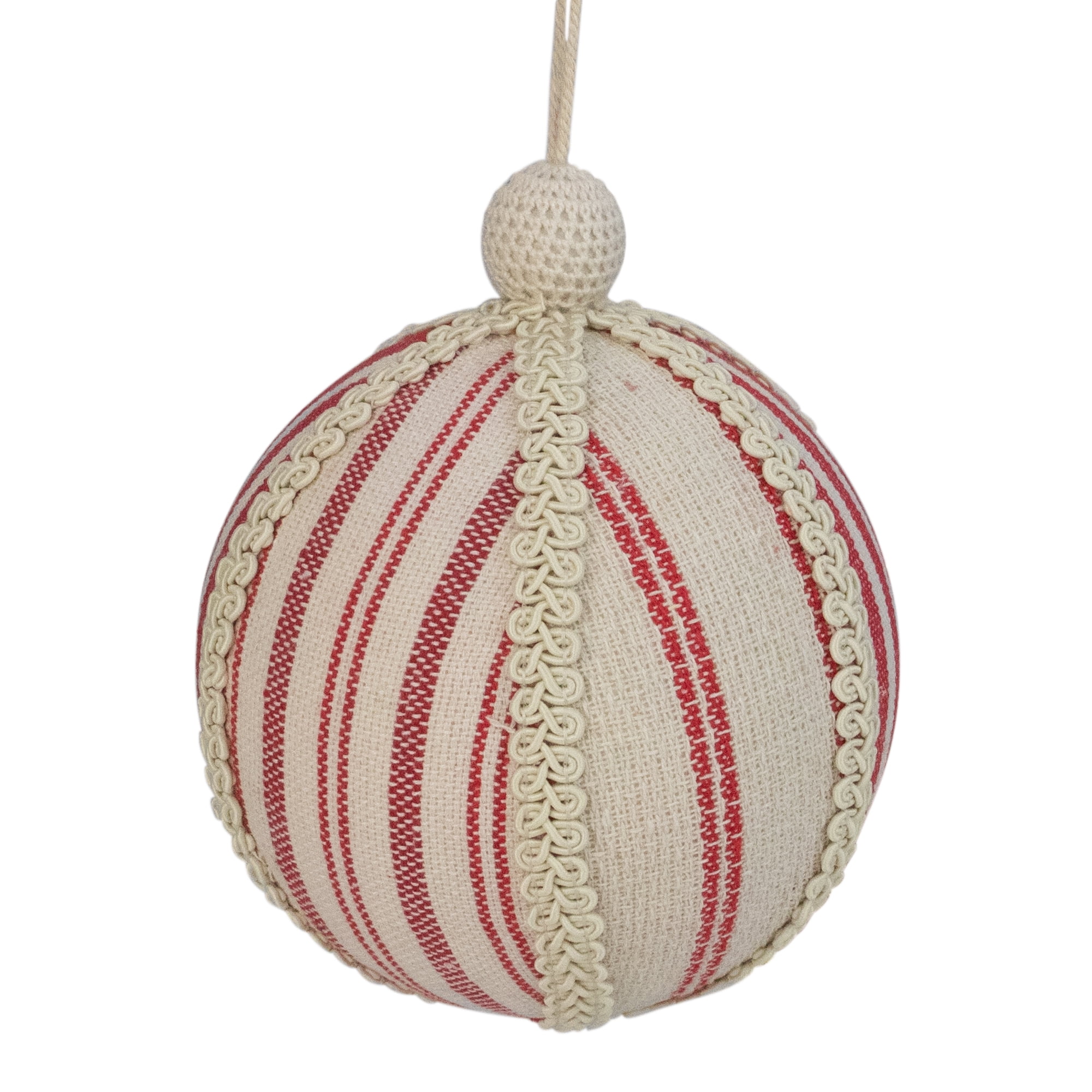 Northlight 6" White and Red Striped Ball Christmas Ornament with Rope Accent