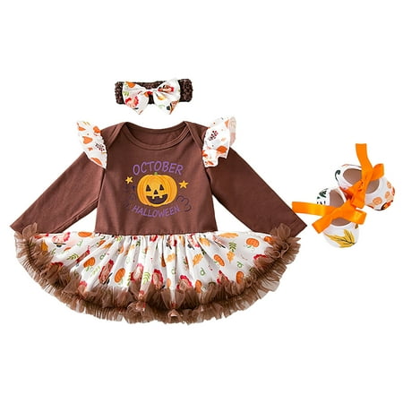 

Toddler Baby Kids Girls Pumpkin Tulle Romper Dress Shoes Hairband Set&Outfits