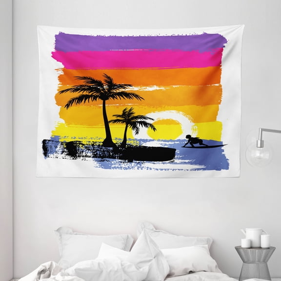 Ride The Wave Tapestry, Exotic Beach with Silhouette of Palm Trees and Surfer Ocean Heaven Image, Wall Hanging for Bedroom Living Room Dorm Decor, 80W X 60L Inches, Multicolor, by Ambesonne