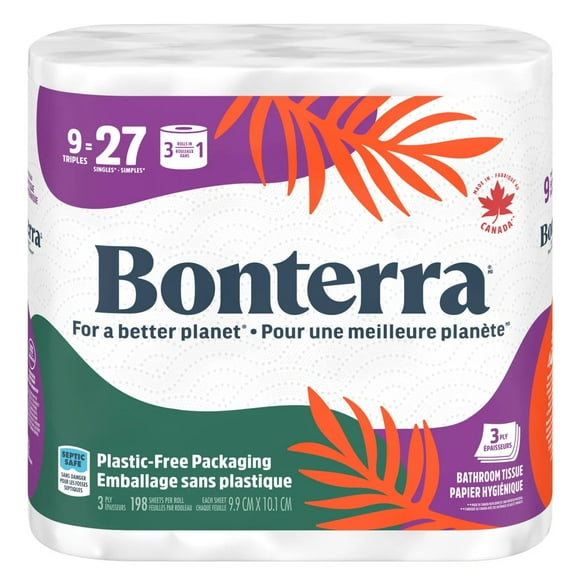 Bonterra Papier Hygiénique 3 Épaisseurs, 45 Rouleaux x 198 Feuilles